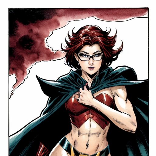 PAGE 1, PANEL 1 SUPERHERO INTRODUCTION:
"Anime superhero girl with long dark reddish-brown hair, round glasses, warm brown skin tone, fierce determined expression like Tanjiro, wearing a flowing dark cape or coat, dramatic powerful stance, glowing aura around body, stormy sky with lightning behind her, Demon Slayer anime art style, black and white manga ink drawing, high contrast, bold lines, vintage comic aesthetic