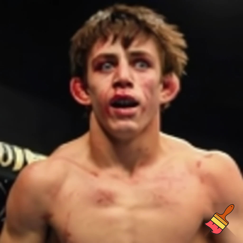 A mixed martial artist who has gone down two weight classes for a fight. His cheeks are sunken and his ribs are visible and his muscles stand out alarmingly. Nonetheless, he stands tall and steady. His eyes are watery blue, his hair is brown and his ears stick out.