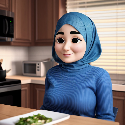 Мультяшный 3D стиль Pixar, упрощённые мультяшные черты, яркие дружелюбные цвета, уютная кухня. Мусульманская мама 35-40 лет, полностью покрыта голубым платьем, которая не выделяет широкое платье,сделай акцент на широком платье чтобы ничего не облегало округлое мультяшное лицо, большие простые глаза, готовит на плите. Сын, 20 лет, синяя толстовка, чёрные джинсы, короткая мусульманская причёска, мультяшное лицо, большие выразительные глаза, сидит за столом. Постоянный персонаж, одинаковая одежда и причёска, повторяемый дизайн персонажа, кинематографическое освещени.
