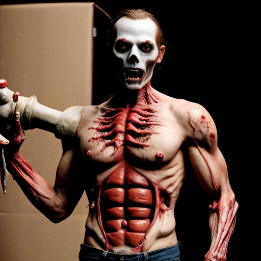 A zombie voodoo creature holding a large jack in the box that is a torso, arms and head. It is a jester