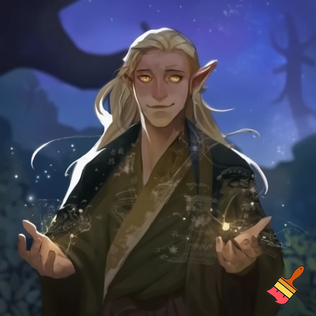  male wood elf circle of the stars druid pale skin blond hair hazel eyes