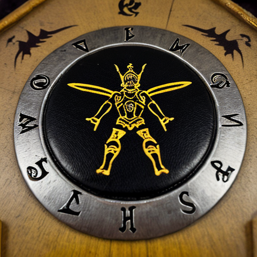 Giant medieval armoured man with the head of a lion pressing buttons on a magic rune board. Also pressing the buttons is a flying winged fairy that looks like it is made of diamond