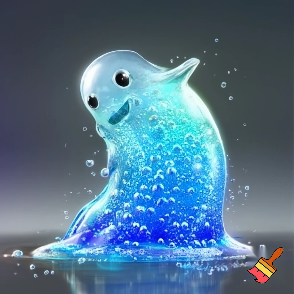 A bouncing slime creature made of bright blue gelatin full of floating bubbles inside. The body stretches and squishes with each movement, translucent and shiny like liquid glass. His expression is joyful and playful, with bubbly energy all around him. He looks friendly, silly and lively, like a magical creature made entirely of cheerful slime.
