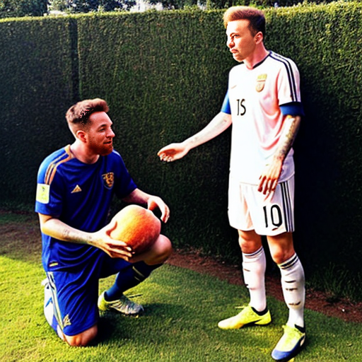 Elon touching a large peach on a hill and Messi there