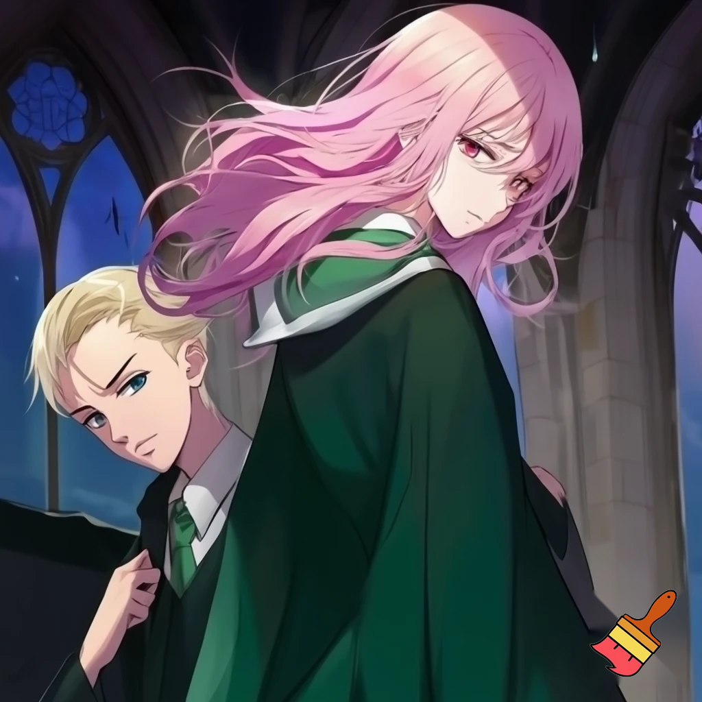 a anime girl, long pink hair, with a slytherin outfit. With Draco malfoy. Two people, hogwarts background 