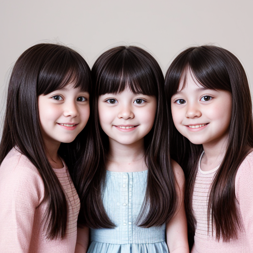 Generate a family photo of 3 triplet girls with black hair