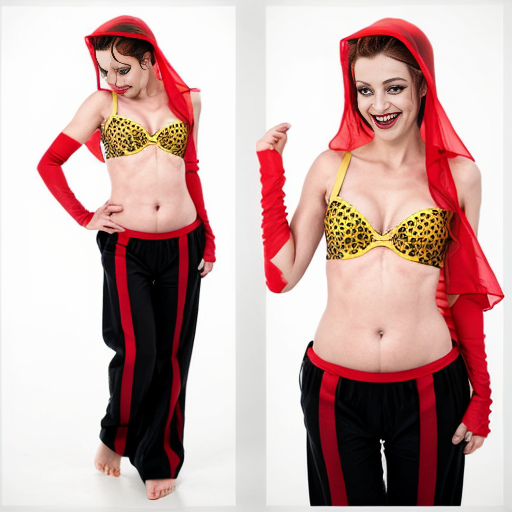 90's disney's 2d aladdin style comic black background and panels of panel 1 Harley Quinn with light black and red striped harem pants and bra and black and red curved slippers with both hand palms place together and hiding the bottom of her mouth with a light black and red striped veil wrapped around her arms and shoulders. 
panel 2 she danced with light black and red striped harem pants with light black and red striped bra and red and black curved slippers and with light black and red striped veil wrapped around her arms and shoulders and raising legs and bounced up and down her belly and shook her hips left and right. 
panel 3 as Harley Quinn with light black and red striped harem pants and bra and red and black curved slippers and with red and light black striped veil wrapped around her shoulders and arms and spreading her arms, happily revealing her face to the viewer and giving a smile as she shook her belly left and right. 
Panel 4 Harley Quinn with light black and red striped harem pants and bra and black and red curved slippers and with light black and red striped veil wrapped around her shoulders and arms has started to fading away , except her belly, which is bouncing around and growing. 
Panel 5 then the ball transforms into the fading in belly of red haired giganta barefoot with dark yellow spotted yellow harem pants and bra and dark yellow spotted yellow veil wrapped around her arms and shoulders with her swaying her hips. 
Panel 6 red haired giganta barefoot with dark yellow spotted yellow harem pants and bra and dark yellow veil wrapped around her arms and shoulders flexing her arms