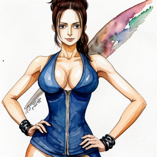 Nami one piece versione kunoichi posizionata frontalmente gambe divaricate piegata in avanti leggermente piegata di lato con un braccio piegato a se col pugno chiuso al busto e l'altro braccio disteso in alto con la mano aperta palmo verso l'alto