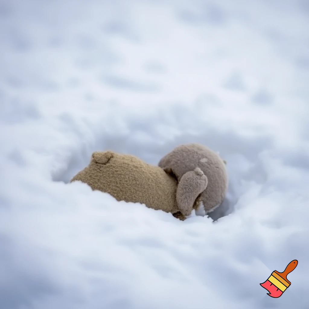  a dog kid size stuffed animal with the stuffing still inside and he’s getting buried in very, very deep snow