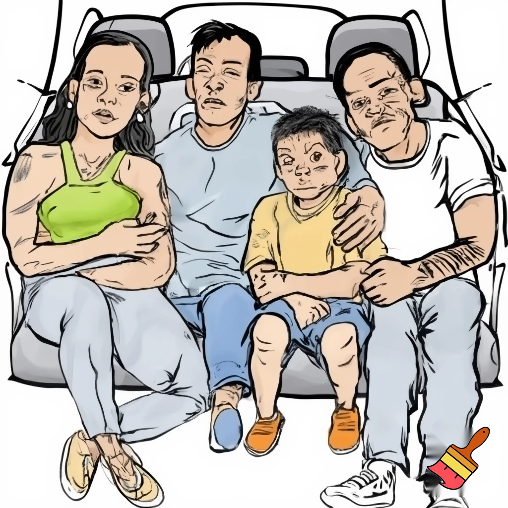Draw a family 4 a dad with tattoos 7 year old sister 13 year old brother and the mum has tired under eyes in a car


