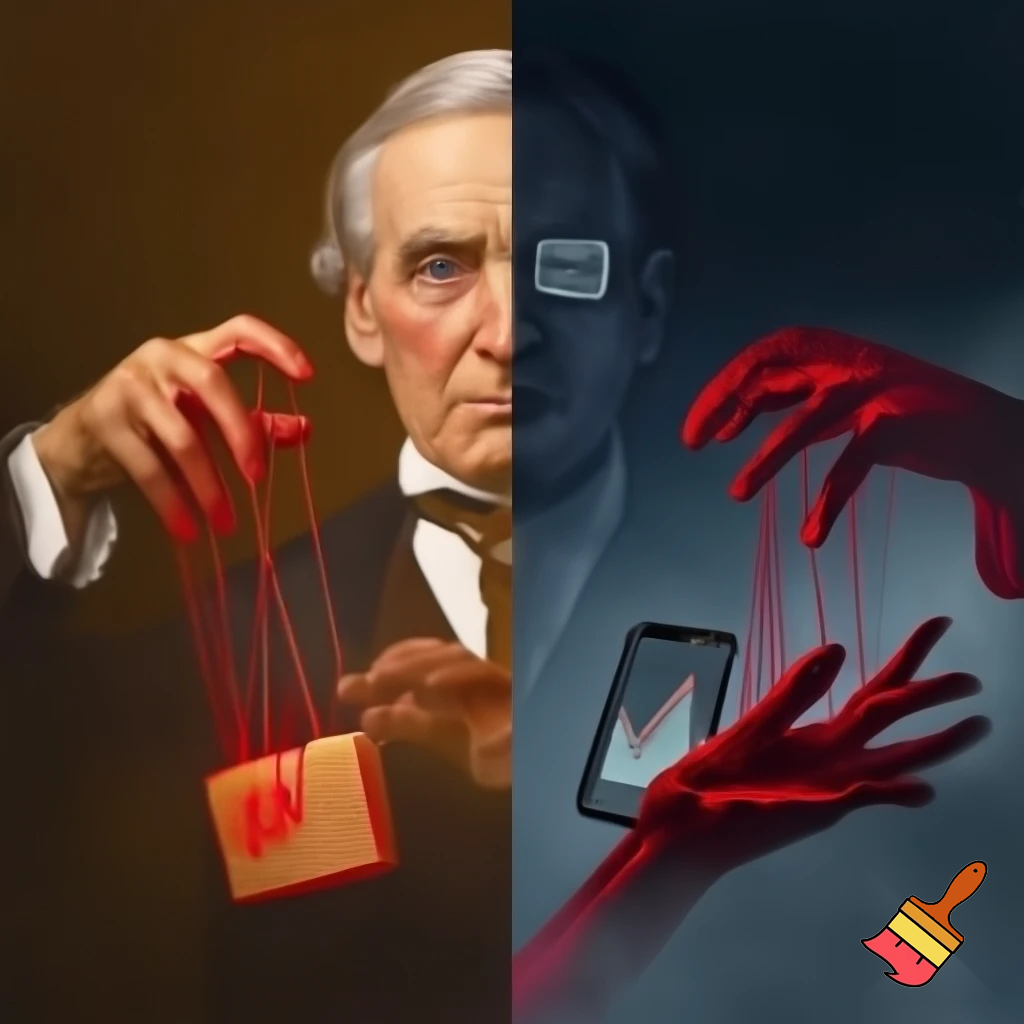 Split screen composition. LEFT SIDE: John D. Rockefeller 19th century portrait, sepia tone, controlling red puppet strings from his fingers. RIGHT SIDE: A modern stressful world, hyper-realistic, dark cinematic lighting. The red strings connect Rockefeller's hands directly to a glowing Amazon cardboard box and a smartphone screen showing a declining bank graph. High contrast, volumetric fog, ominous atmosphere, 8k --ar 16:9 --v 6.0