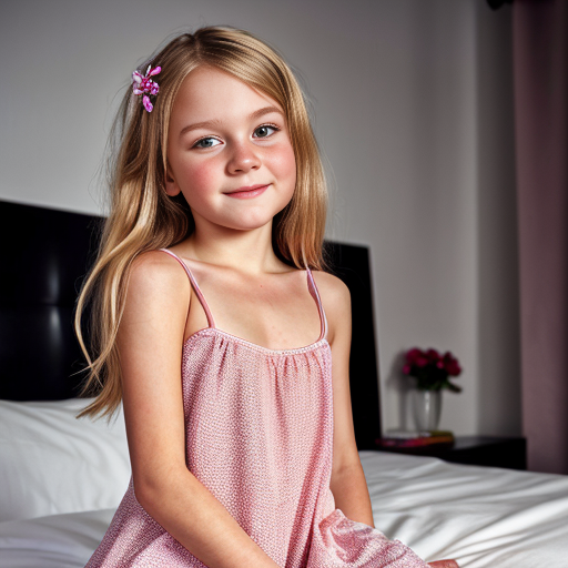 swedish little girl, long blonde hair, night dress, on the bedroom