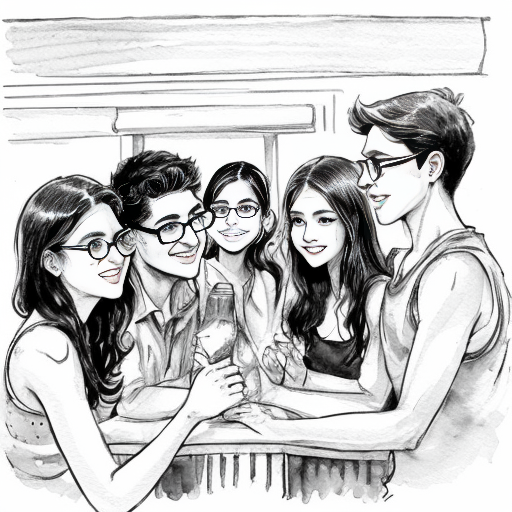 black and white manga style illustration, Indian Christian girl meeting 4–5 guy friends of her best friend for the first time, emotional and cute atmosphere, modern city setting, heroine looking at a tall boy with short straight hair and rectangle glasses, shy smile, expressive eyes, detailed ink line art, Japanese manga style, cinematic composition, manga panel layout, no color