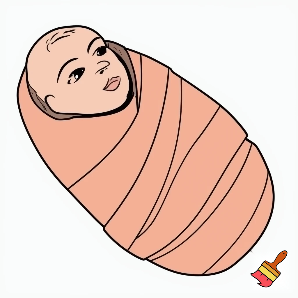 newborn baby wrapped in cloth, very simple flat vector, warm muted palette, clean thin line art, 4:3, single baby only, no background elements, no house, no props.