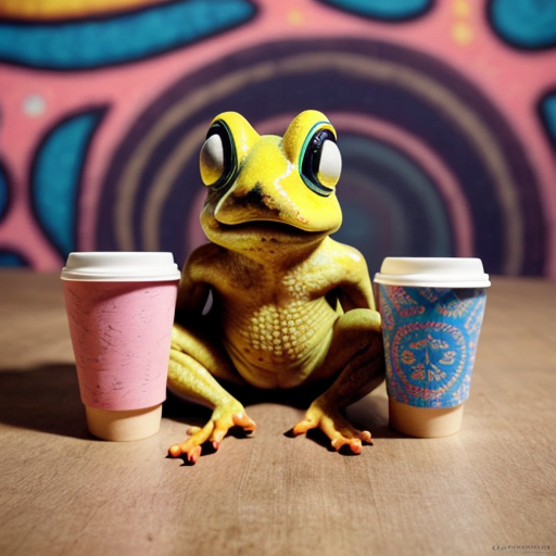 A hillarious, funny boho toad with some hippie colored coffee cups. Psychedelic decorated background.