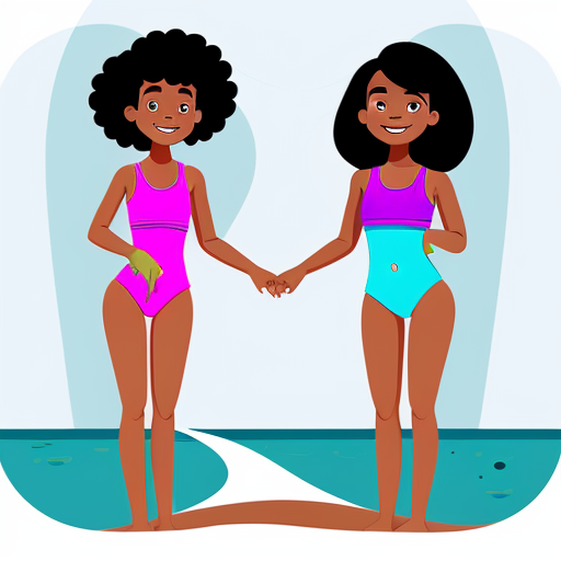 Two young small girls, one with dark skin, black curly hair and red two-piece swimsuit, and the other with light skin, blonde straight hair and blue two-piece swimsuit, they are playing in the sea, cartoon-style animation 