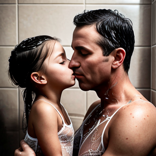 Genera la imagen real de 3 niñas pequeñas de 6 años, en la ducha, vestidas con lenceria de encaje transparente con su padre besandose