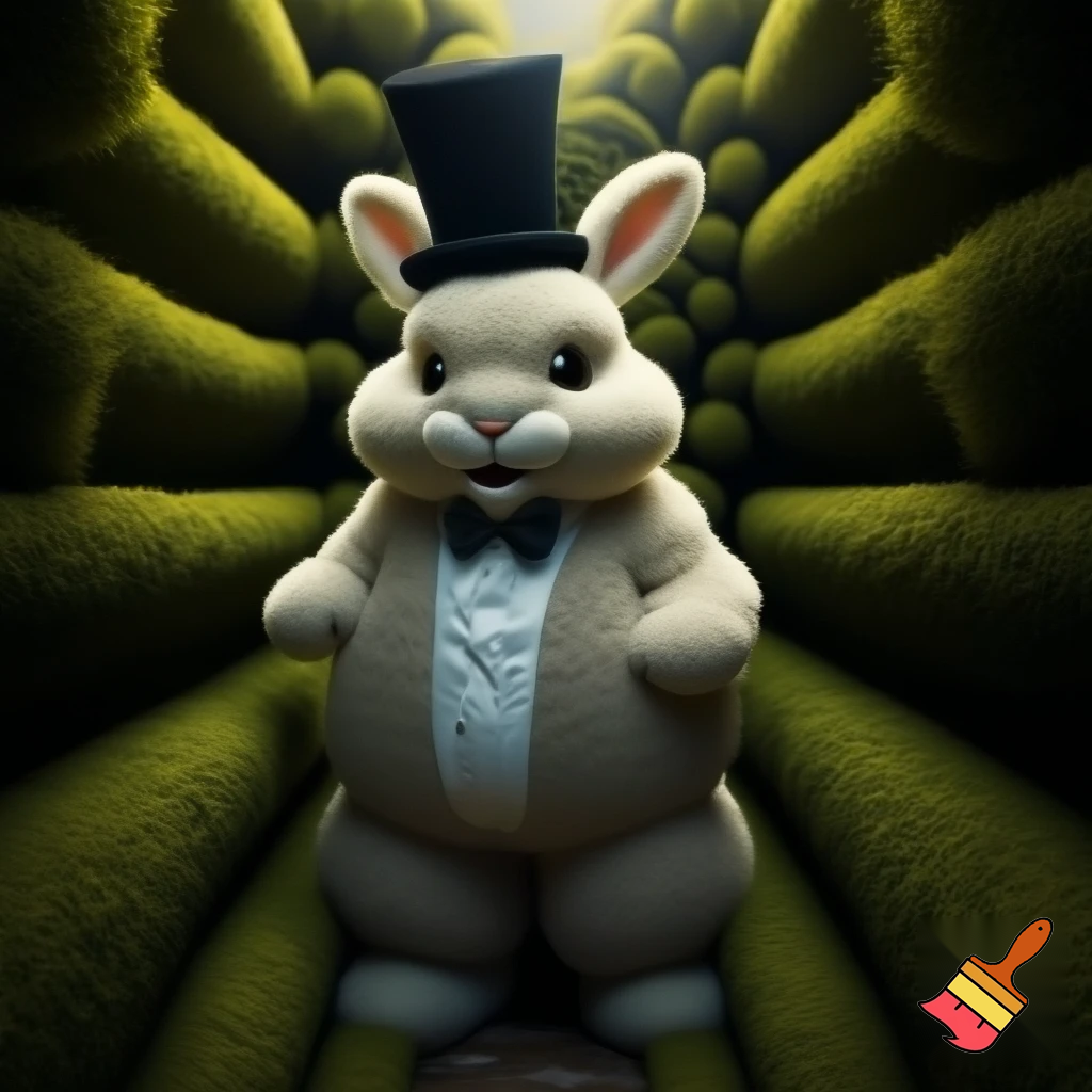 Easter bunny mascot with the top hat costume Easter bunnies maze house