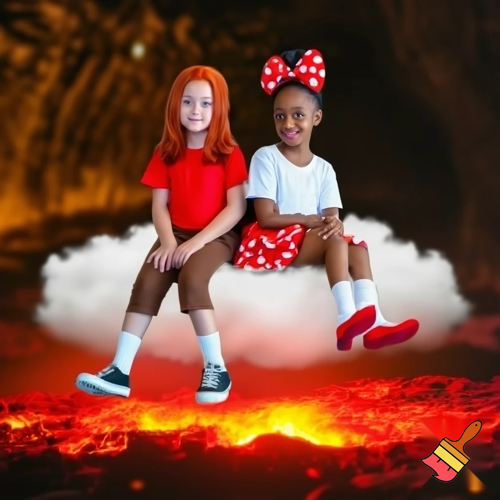 Little Dipper Pines hair red t-shirt brown short pants white socks black and white sneakers and Little Tiana red white dot bow in hair white t-shirt red white dot mini skirt white socks red shoes (the princess and the frog) on a sitting Cloud on a lava "Lava"