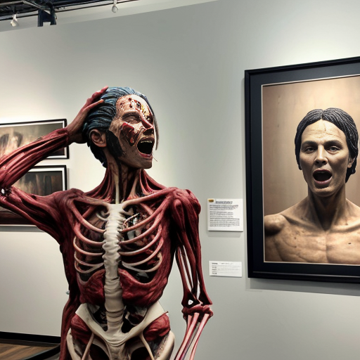 A high-resolution, detailed photograph capturing a complex, visceral biomechanical sculpture and human subject within a contemporary art gallery setting. The central figure is a large, elaborate sculpture constructed from exposed anatomical textures, deep red meat, bone, and intricate wiring, featuring multiple multi-jointed human heads and torsos with agape, screaming mouths, suspended and framed by white PVC piping and supports. The sculpture rests on a distressed white plinth with wheels. Standing next to it is a person wearing a light blue face mask, a black long-sleeved shirt, dark jeans, and grey sneakers. In the foreground, another sculpture covered in a white cloth is visible. The gallery walls are mint green, and a large, framed classical painting is on the wall behind the sculpture. The scene has even, diffused lighting that highlights every extreme detail and texture, making the gore and materials look palpably real."