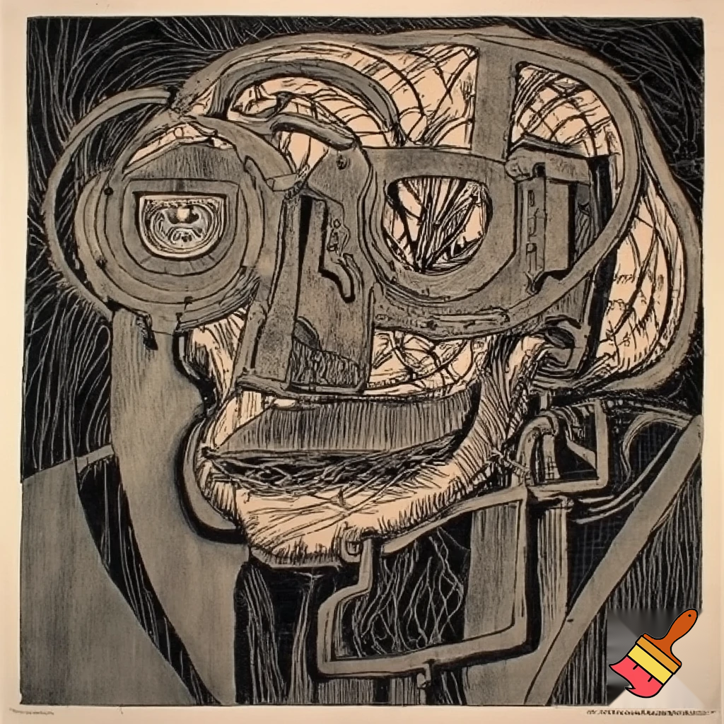 Bio-mechanical post-human noise art. In the style of a 1920's German Expressionist woodcut print.