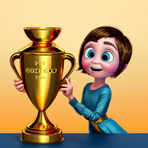 inside out style happy proud gold holding trophy one person gold cartoon animation style orange skin