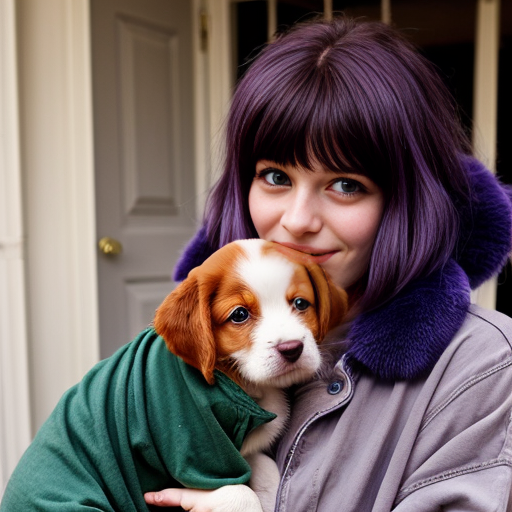 a girl with a whimsical eye and luscious purple hair baggy old green clothes and a puppy with blue fur
