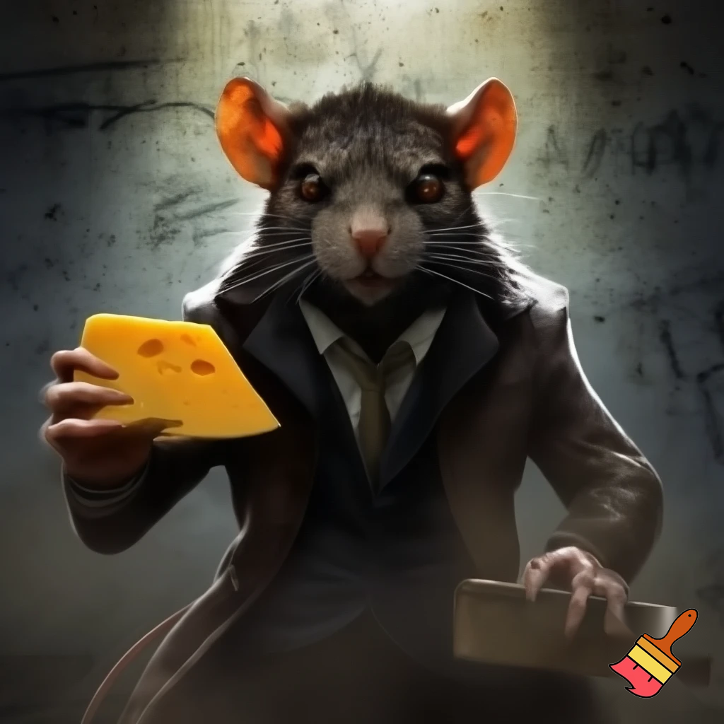 Strong rat, cheese in hand, mugshot evil with suit rat