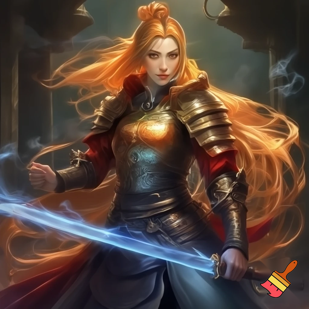 Golden orange chinese crusader princess. Chinese style armor. Orange flowing hair. Dynamic stance. Glowing blue sword. High quality. In the style of dungeons and dragons.