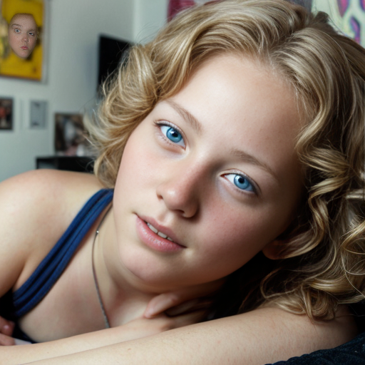 teen ,, , lifelike, portrait, highly detailed, , sharp focus, illustration, art by kittichai  and james gurney and alphonse mucha, ,  with curly blond hair and vibrant blue eyes, photorealistic, at her room, laying