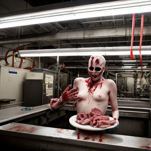 a sprawling, steam-choked industrial meat factory where conveyor belts groan under the weight of pale, segmented human limbs—neatly trimmed thighs, torsos split down the sternum, fingers still twitching as hydraulic claws pluck them into alignment. Gleaming robotic arms, their joints slick with blood-misted grease, methodically disassemble dangling carcasses under the sterile glare of flickering neon lights, their blades humming through flesh with clinical precision. A central vat bubbles with churned viscera, pink froth spilling over as a faceless drone scoops a slurry of ground bone and meat into sterile packaging stamped "GRADE A." In the foreground, a half-skinned face stares blankly from a hook, its jaw slack beside a dangling barcode tag that reads "HARVEST DATE: TODAY." The air shudders with the wet thud of cleavers and the static-laced drone of a synthesized voice repeating, "YIELD OPTIMAL. PROCEED TO PROCESSING