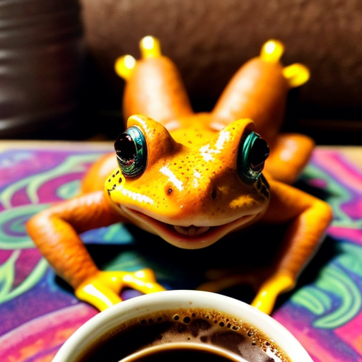 A hillarious, funny boho toad with some hippie colored coffee cups. Psychedelic decorated background, hyperrealistic. Close-up view.