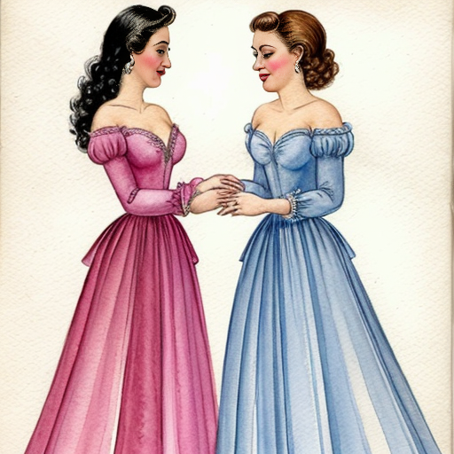 Cinderella in a pink gown, having her dress ripped apart by two elegant women in untouched gowns. full body view. The two elegant women are enviously tearing pieces of the pink gown off. The bodice of the pink gown has a large tear, a sleeve is missing, and there are multiple significantly large tears in the skirt. Both jealous women are currently ripping a piece of the skirt off.