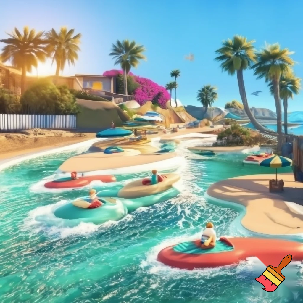 Create a water boat theme park ride inspired in beachy Malibu with a fun vibe. Add path
