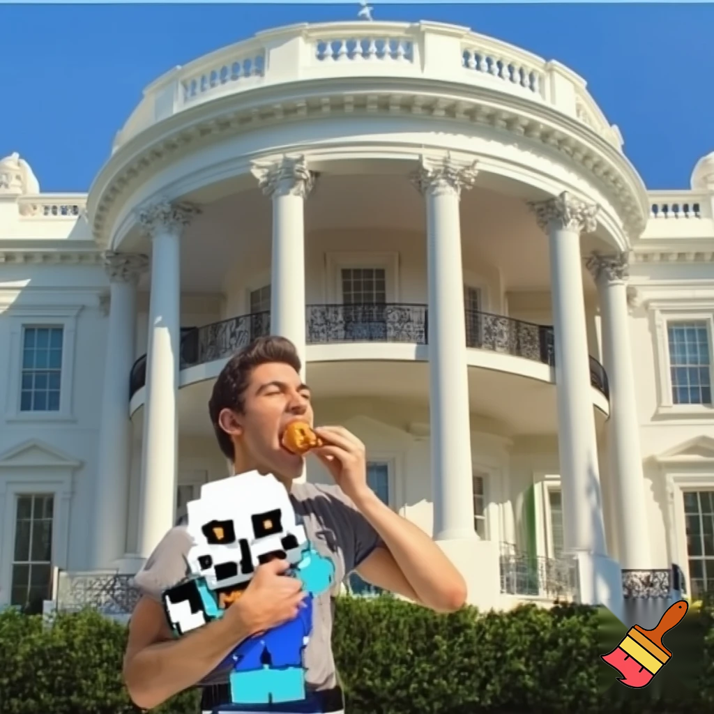 man eating chicken nugget in frront of the white house with sans undertale pulshie in his left hand
