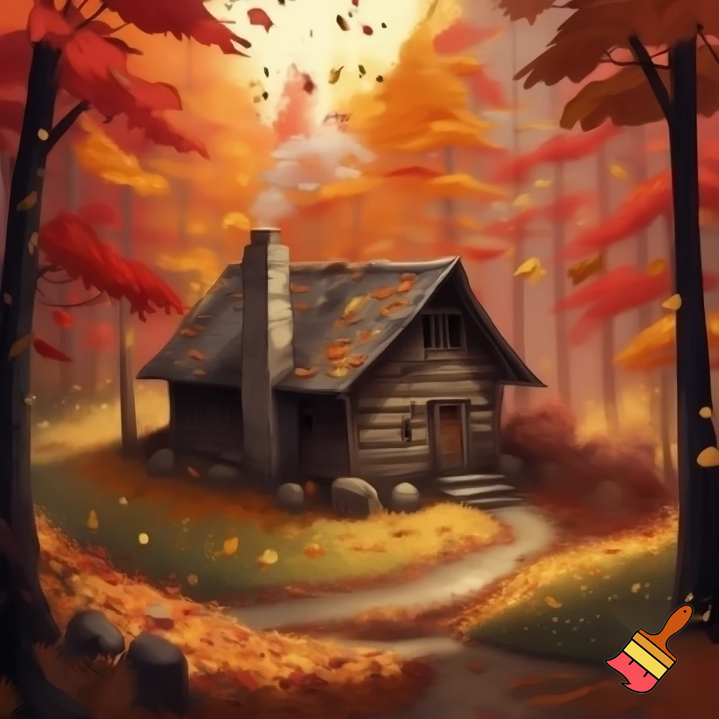 Ein haus wo in einem wald steht und es ist herbst