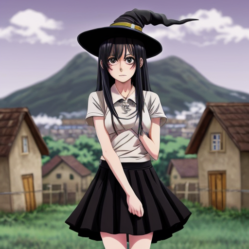 An anime witch girl with black hair, cute face, black eye. She have been abused until she only have broken skirt left. She is naked. She is 16 year old and height is 1,5m. She is tried to cover her skirt. The background is village with a lot of peopla