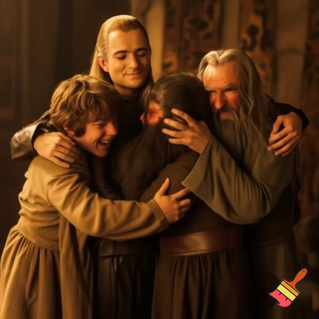 Legolas, Gimli, Aragorn, Smeagol, Frodo, Sam, Pippin, Mary, and Gandalf all hugging each other