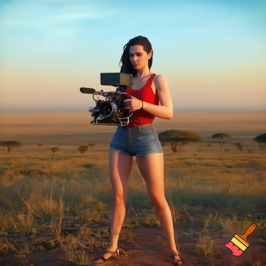 A cute and muscular black-long-and-side-swept-banged-haired fair white woman with arriflex digital camera and wearing red tank top and woman's blue short jeans and putting the sandals on her feet is filmming the plains of the Serengeti in Tanzania.