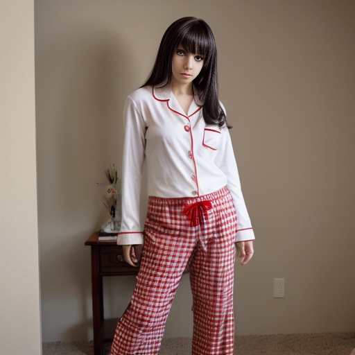 a anime girl with red plaid red pajama pants and white shirt standing up


