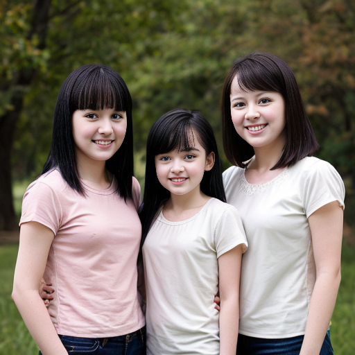 Generate a family photo of 3 triplet girls with black hair