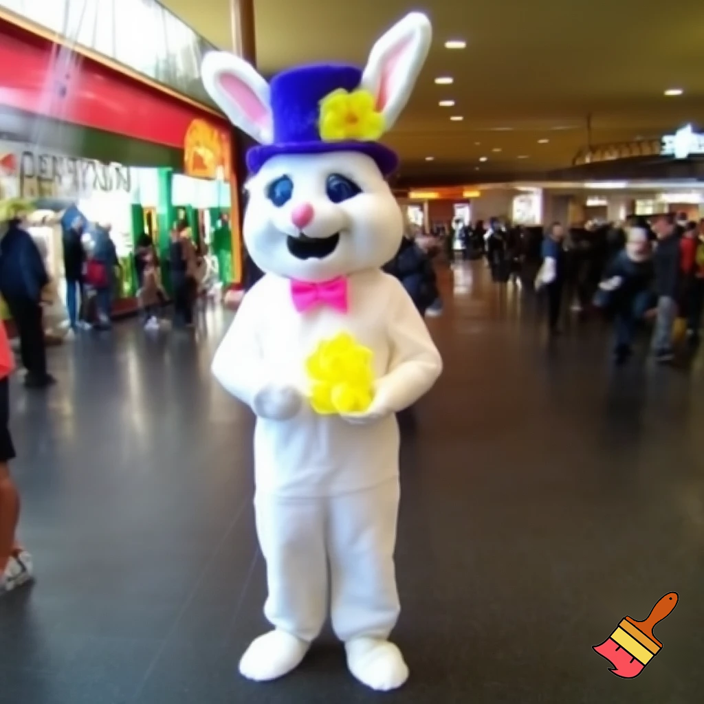Easter bunny mascot costume top hat shopping centre
