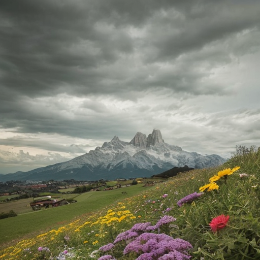 Create an ultra‑realistic, high‑resolution panoramic digital photograph (21:9 or wider) inspired by the natural look of the three reference images. Depict a wild alpine meadow of Taraxacum officinale (dandelions) at the foot of Monviso (Cuneo, Piedmont, Italy). The entire landscape must be black and white except for the dandelion flower heads, which must be vivid, saturated yellow. Maintain a fully photographic, non‑illustrative look with natural lens behavior, realistic lighting, and high micro‑contrast.

Foreground (macro realism):  
Show several dandelions in different growth stages: fully open flowers, half‑open flowers, elongated closed buds, and delicate airy seed heads. Each open flower must have a clearly visible green involucre (collar) beneath the petals, with layered bracts and correct botanical proportions. Stems must be slightly hairy with visible micro‑texture. Leaves must be jagged, deeply lobed, irregular, and varied in size, orientation, curvature, serration depth, and natural imperfections. In the lower left foreground, diversify the leaves significantly to avoid repetition or symmetry.

Midground (natural density):  
A dense but natural field of dandelions with recognizable flower shapes, not yellow blobs. Include scattered seed heads among blooming flowers, never grouped artificially. Maintain a patchy, organic distribution with areas of higher density and areas more sparse, exactly like in the three reference images.

Background (mountain + atmosphere):  
Monviso must appear with its authentic silhouette, sharp peak, and increased snow coverage on upper ridges. Snow must be crisp and realistic, with natural contrast against the rock. The sky must be dramatic, overcast, with soft diffused light typical of pre‑storm alpine weather.

Composition:  
Reduce sky height and raise the flower field so both the field and the mountain peak remain visible in the upper half of the frame. Use a full‑frame DSLR aesthetic with deep depth of field, high micro‑contrast, and natural wide‑angle perspective.

Color and tone:  
Black‑and‑white landscape with only the flower heads in saturated yellow. Leaves, stems, mountains, and sky must remain grayscale.

Watermark:  
Add a subtle, low‑opacity watermark “www.comunanza.org” in the lower right corner, integrated naturally into the grayscale foliage.

Camera settings:  
Full‑frame DSLR, 24–35mm lens, aperture f/11–f/16, ISO 100, shutter speed 1/125–1/250, high micro‑contrast, natural vignetting, edge‑to‑edge sharpness, realistic lens behavior, no distortion.

Overall aesthetic:  
Hyper‑realistic digital photography, natural imperfections, atmospheric depth, botanical accuracy, cinematic contrast, and the organic naturalness of the three reference images.