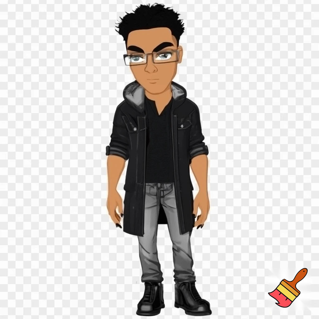 A tall, skinny, lean man with tan skin and v-tapered masculine physique, moderate muscle and prominent bone definition a heart shaped face with well defined structure, black bushy but shaped eyebrows, long lashes and coffee black 3C hair and irises wearing a black denim field coat with a grey hood attached, slim rectangular glasses with a silver glasses chain, and a black henley buttoned shirt slightly undone, black nails, sleeves rolled up the elbows, denim grey jeans and black leather combat boots 