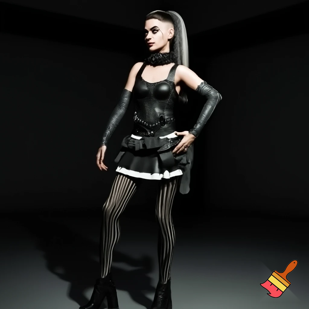 Attractive woman with an undercut in a ponytail and bold makeup wearing a spiked collar, arm warmers, a corset, a body belt, a pleated skirt, vertical striped stockings and platform boots 