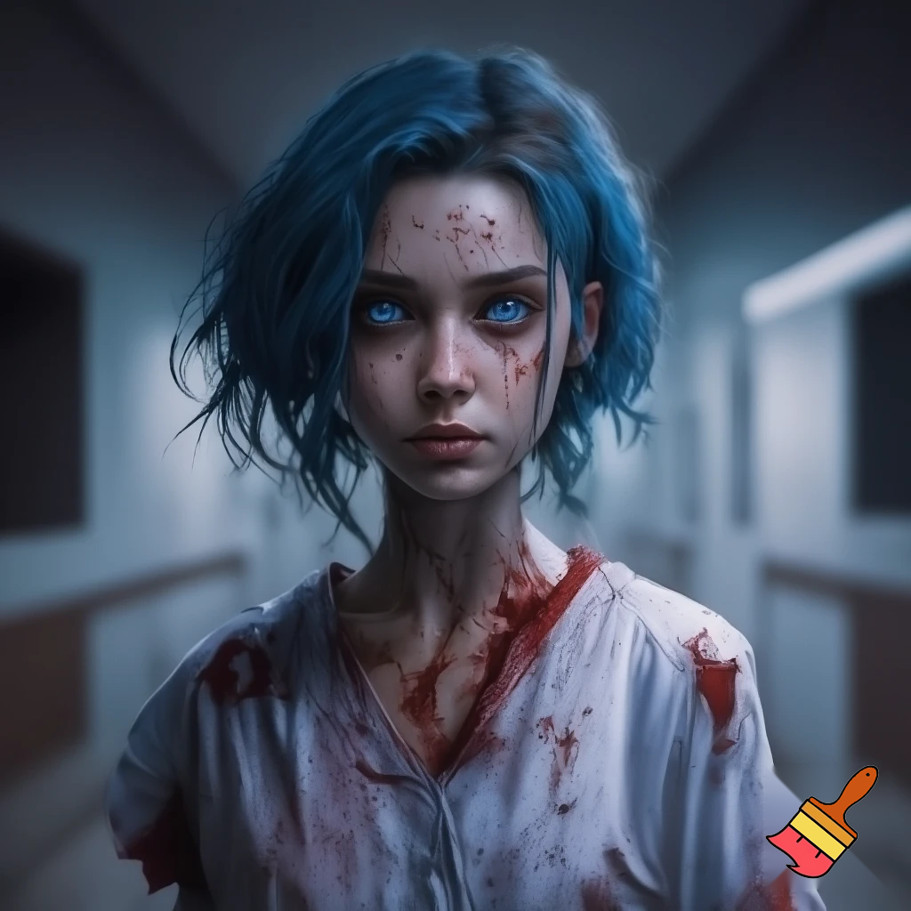 A girl with short blue hair and glowing blue eyes wearing a bloody hospital gown