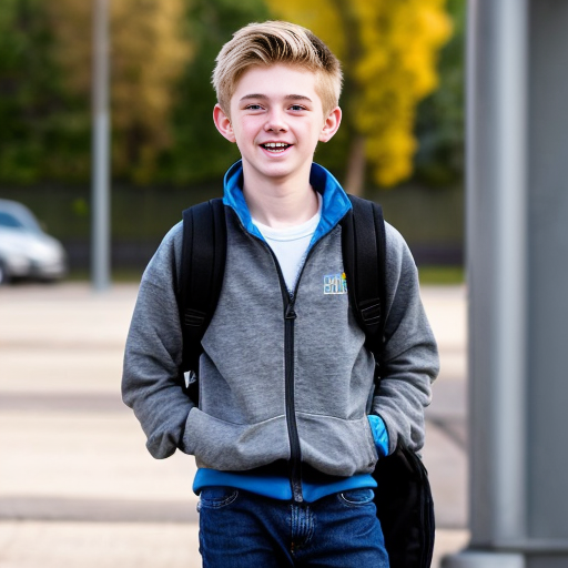 16 years old boy with blond hair, blue eys but a very small figure, he is not taller than a 4 years old boy. He is wearing a grey fleece jacket  with open zip and a blue tshirt, short jeans and a blue school backpack looking real. He is smiling and on the way home from school
