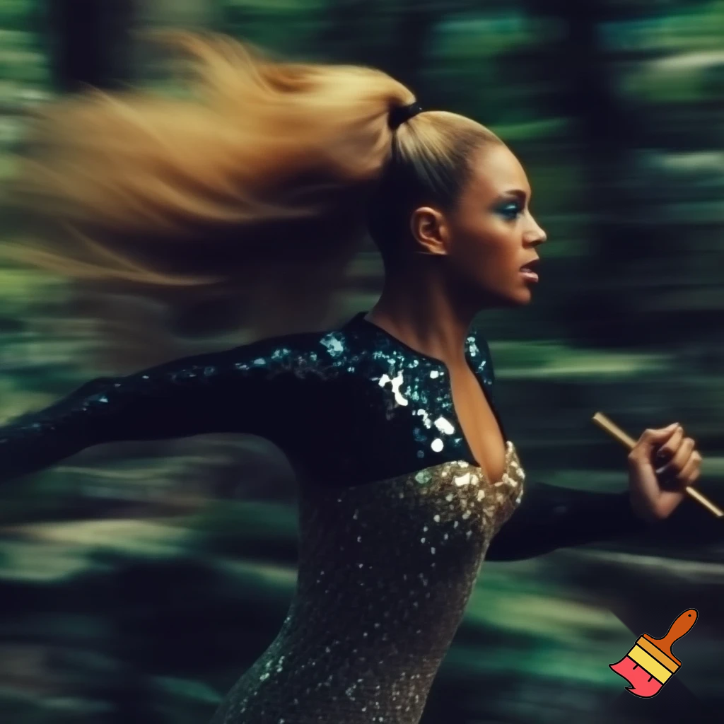 Beyonce with honey blonde slick ponytail runnning blurry photo with a diamond bodysuit chasing with a stick angry trough the woods close up of her face