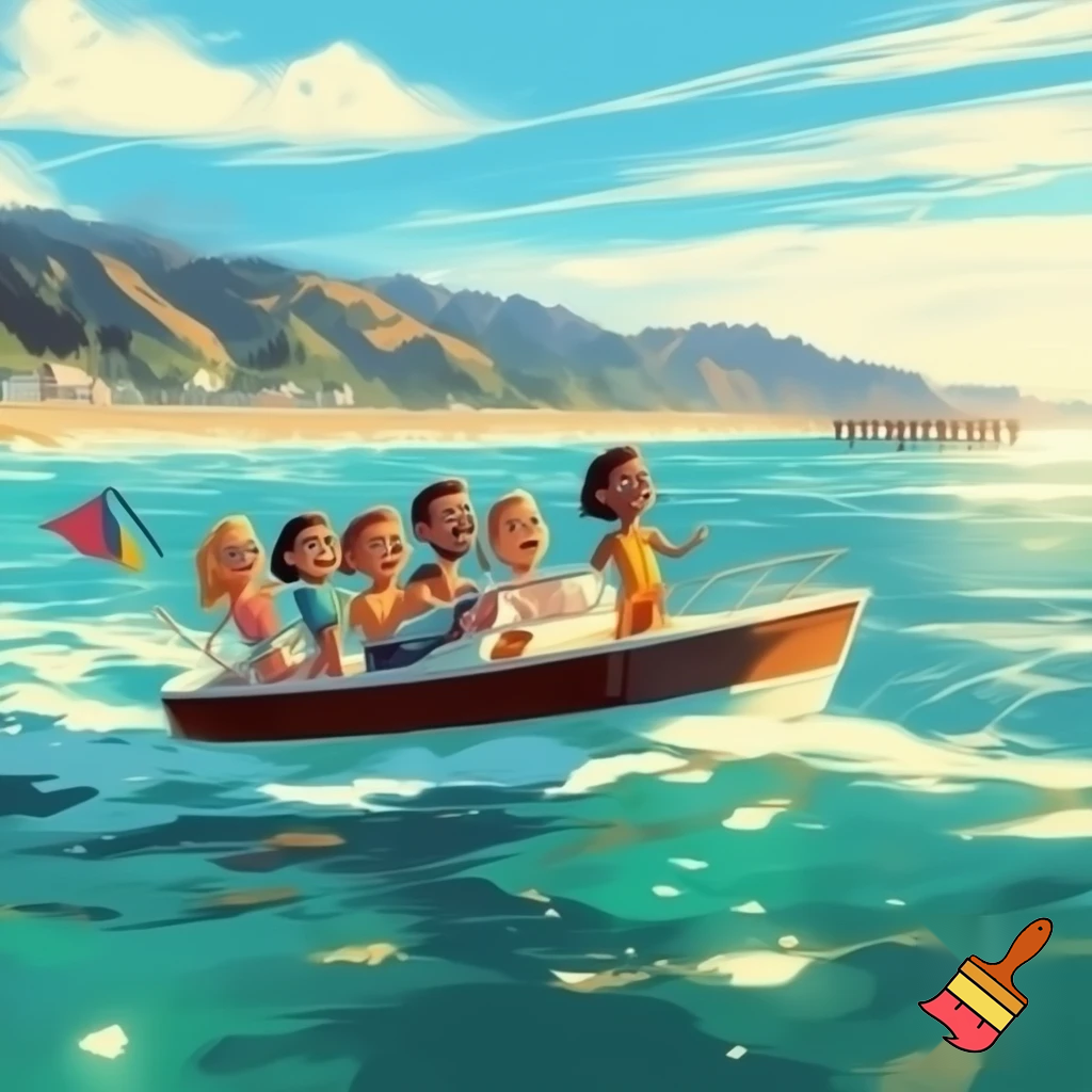 Create a water boat ride inspired in beachy Malibu with a fun vibe