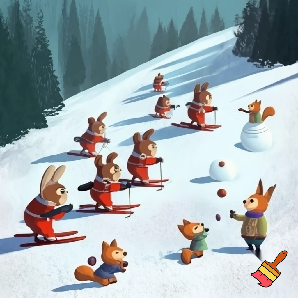 Drawing in old soviet cartoons style. Hares in ski suits are skiing on a snow-covered slope with dense forest on the edges. Next to them foxes in ski suits are skiing on a snow-covered slope with dense forest on the edges. Next to them bear cubs in winter clothes are making a snowman on a snow-covered slope with dense forest on the edges. Next to them squirells in winter clothes are playing with snowballs on a snow-covered slope with dense forest on the edges